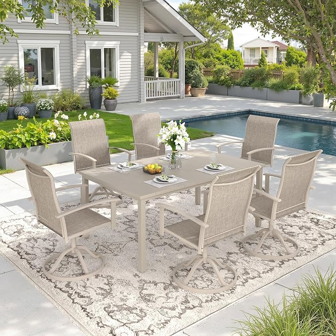 DIFY 7 Pieces Outdoor Dining Set, Metal Patio Table and Chairs Set for 6 with Umbrella Hole, 63" Rectangle Outdoor Table and Textilene Swivel Patio Chairs for Garden, Backyard, Poolside, Sandshell