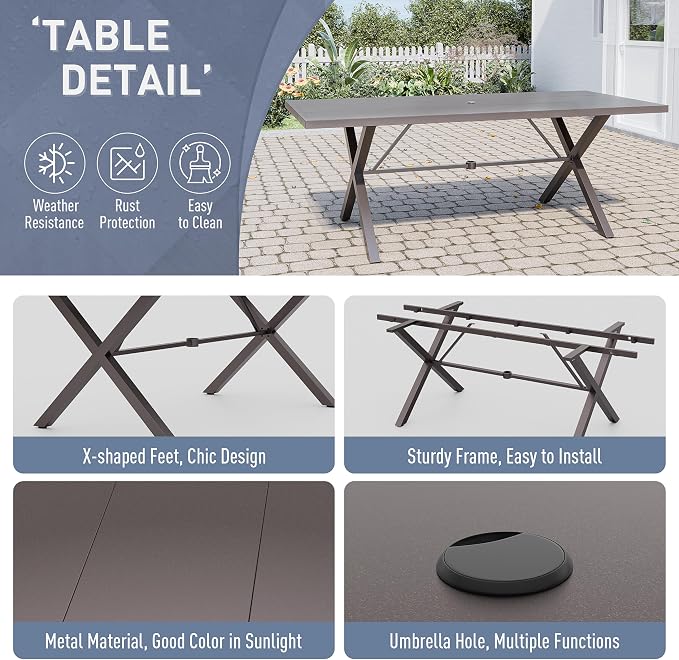 Kurapika 9 Pieces Patio Dining Set Outdoor Furniture with 8 Fixed Chairs, Metal Patio Furniture Set 8 Chairs and Large Table with Umbrella Cutout for Yard Porch, Navy Blue