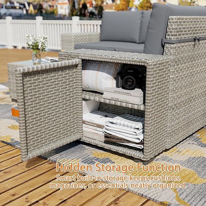 13 Piece Patio Furniture Set, 8" Wide Arm Sectional Sofa Set with 50000 BTU Propane Fire Pit Table & Coffee Table, Rattan Outdoor Conversation Set for Garden, Porch, Lawn, Gray