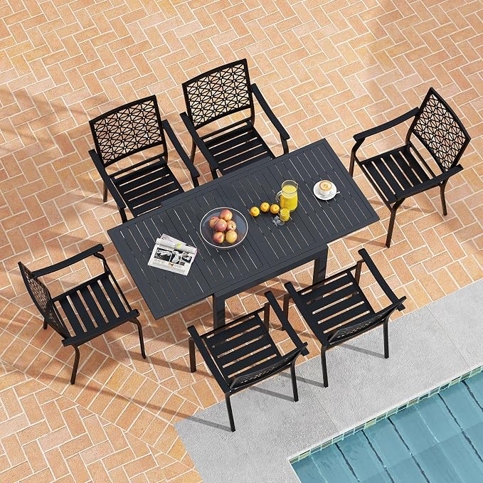 Tangkula 7 Pieces Outdoor Dining Set for 6 with Expandable Table, Patio Aluminum Rectangular Slatted Tabletop Table and Stackable Armchairs, for Deck, Garden, Backyard and Poolside