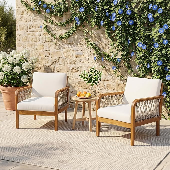 Merax 4-Piece Outdoor Acacia Wood Patio Conversation Set, 2 Club Chairs + Loveseat & Coffee Table with Handwoven Rope & Cushions, Furniture Set for Garden, Balcony, Poolside, Teak