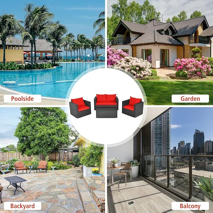 COSTWAY 4-Piece Patio Rattan Furniture Set, Cushioned Sofa Chair, Loveseat and Coffee Table with Tempered Glass Top, Outdoor Conversation Sets for Garden Poolside Balcony Porch (Red)