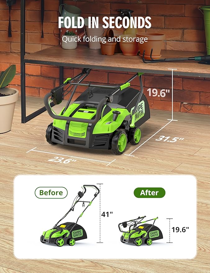 16” Artificial Turf Vacuum,1800w Grass Sweeper 15 Amp Lawn Sweeper Yard Power Brush with 55L Removable Leaf Collection Bag, Quick-Fold, Keeps Clear Sweepy Box