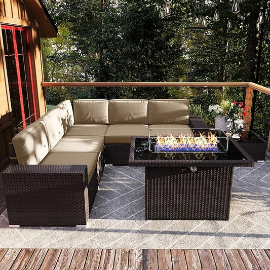 7 Pieces Patio Furniture Set with 44" Propane Gas Fire Pit Table, Outdoor Sectional Brown Rattan Wicker Conversation Sofa Sets with Coffee Table