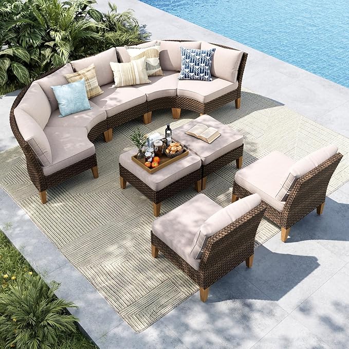 MFSTUDIO 9 Pieces Wicker Patio Furniture Set, All-Weather Rattan Half-Moon Curved Outdoor Sectional Sofa for Garden, Backyard, 4 x Curved Couch, 3 x Armless Sofa, 2 x Ottomans