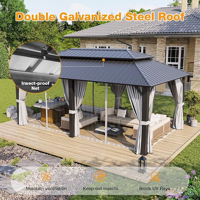 12x20FT Hardtop Gazebo, Metal Frame with Double Galvanized Steel Roof, Permanent Outdoor Pergola with Curtains and Netting Included for Backyard, Patio, Lawn and Garden, Gray