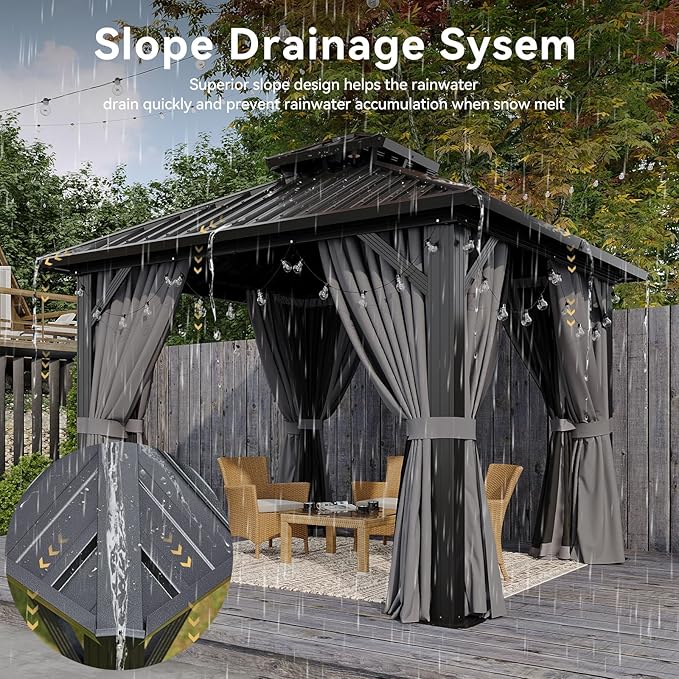 Aoxun 10’x10’ Hardtop Gazebo, Permanent Metal Pavilion with Galvanized Steel Double Roof, Outdoor Pregola for Lawn, Garden, Patio (Black)