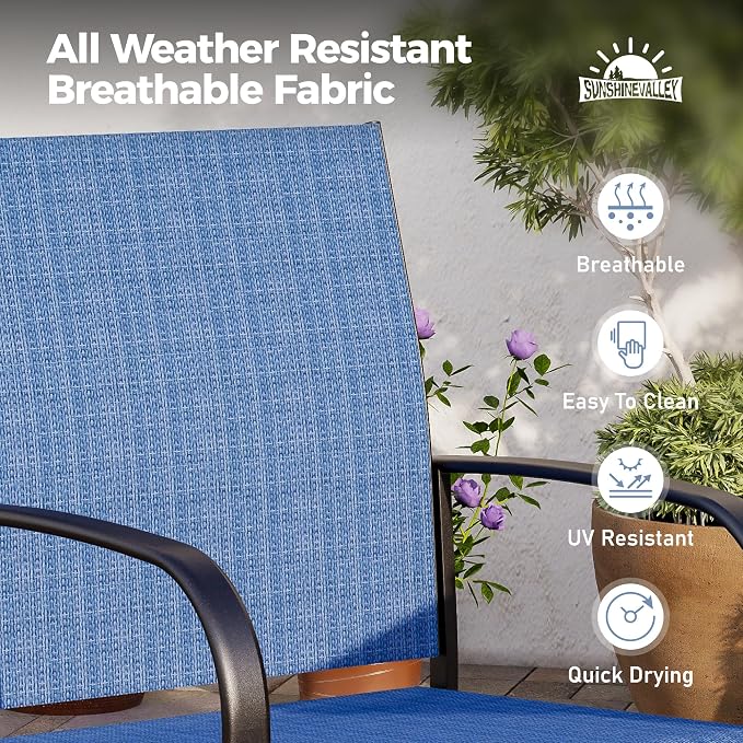 SUNSHINE VALLEY 7 Pcs Patio Dining Set for 6, Rectangular Metal Dining Table (PVC Table Top) with Umbrella Hole and 6 Chairs, Outdoor Dining Set for Lawn Garden Deck, Blue