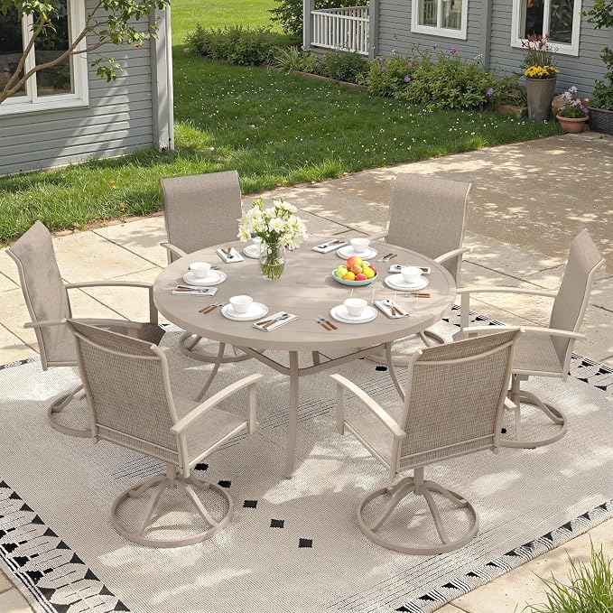 7 Pieces Round Patio Dining Set, Outdoor Furniture of 50" Round Patio Table and Patio Swivel Chairs for Backyard Lawn Garden, Sandshell Table and Sandshell Chairs