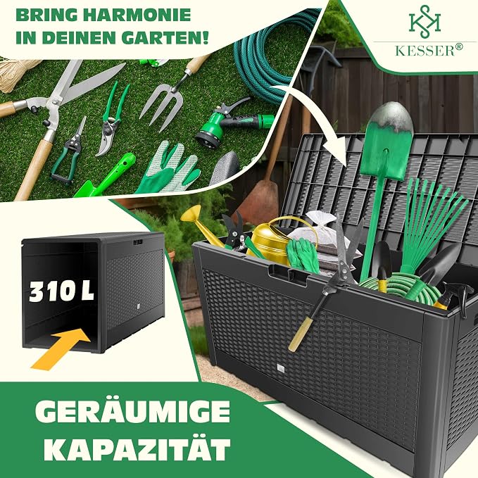 KESSER Rattan Look Garden Storage Box, 310L, Foldable Lid, 3 Handles, Wheels, Weatherproof, Easy Assembly