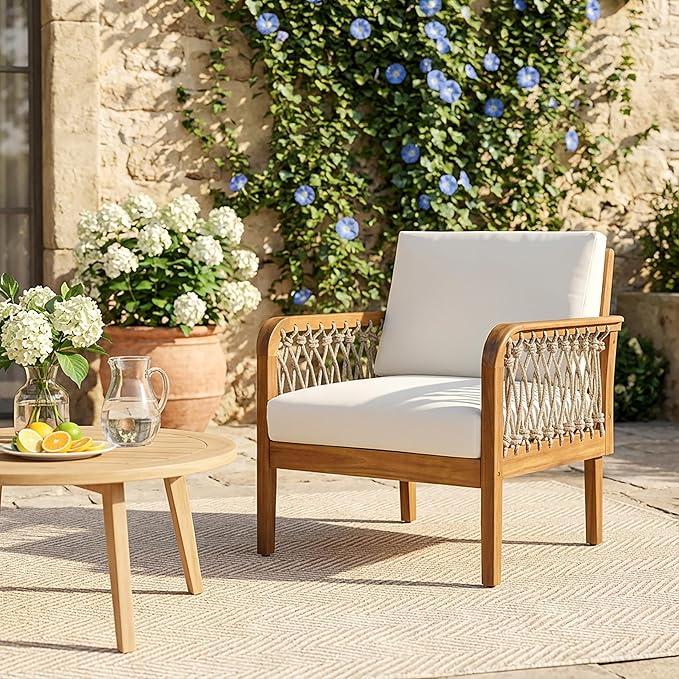 Merax 4-Piece Outdoor Acacia Wood Patio Conversation Set, 2 Club Chairs + Loveseat & Coffee Table with Handwoven Rope & Cushions, Furniture Set for Garden, Balcony, Poolside, Teak