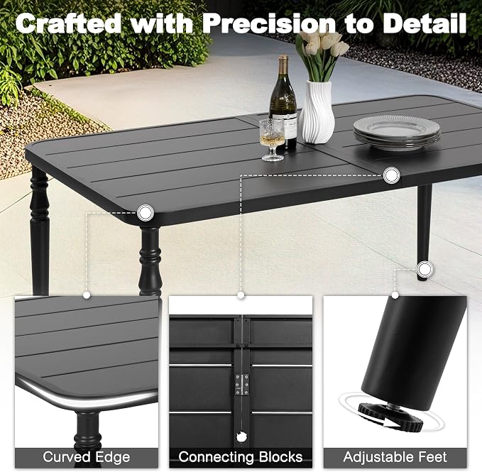NUU GARDEN 7-Piece Patio Dining Table Set, Outdoor Metal Dining Furniture Set with Umbrella Hole Rectangular Table and 6 Textilene Chairs, Black