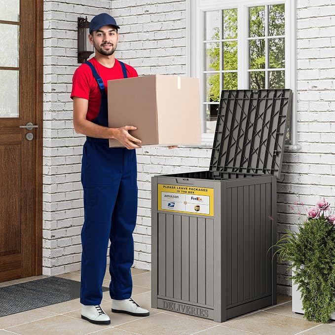 Package Delivery Box for Outside With Sign, Lockable Outdoor Storage Box Waterproof Deck Box, Large Double Wall Resin Parcel Drop Boxes, 48 Gallon, Classic Gray