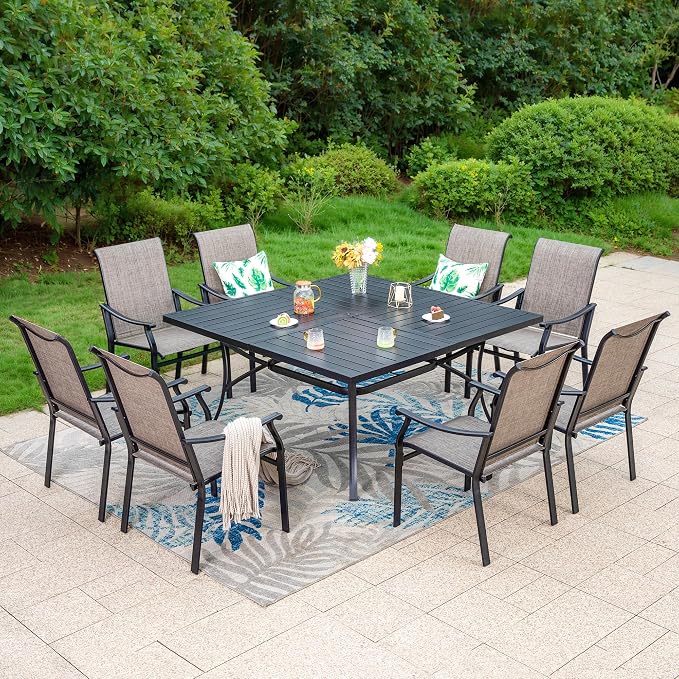 MFSTUDIO 9 Piece Patio Dining Set, Square Metal Table & Textilene Chairs | Weather-resistant, 8 person, Breathable & quick-drying, Umbrella hole, Outdoor deck backyard