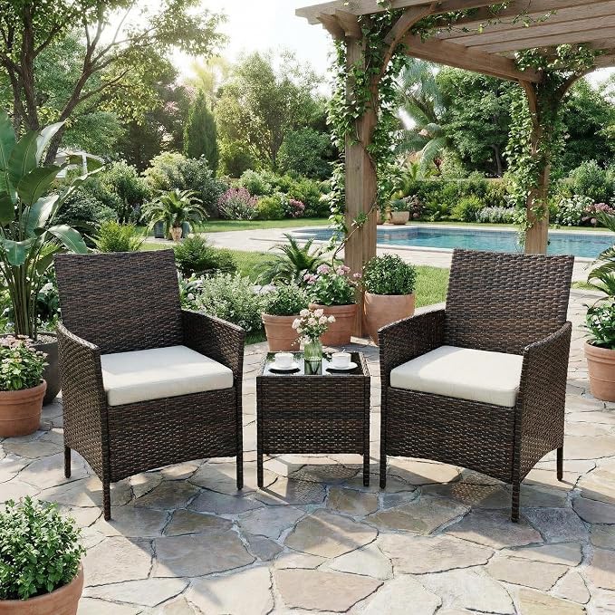 GarveeLife 3 Pieces Patio Furniture Set, Outdoor Furniture Sets with Cushions and Tempered Glass Table for Porch & Garden, Brown Wicker/Beige Cushions