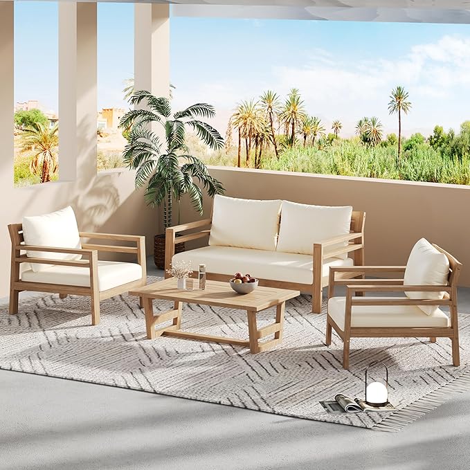 Christopher Knight Home Jamaia 4 Pieces Acacia Furniture Set, Patio Conversation Chat 2-Seat Sofa Set with Coffee Table, Outdoor Loveseat Chair Set for Garden Porch Backyard Balcony, Light Teak+Beige