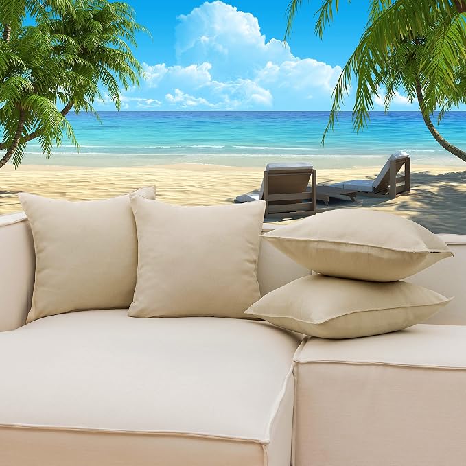 Home Brilliant Linen Pillow Covers 16x16 Waterproof Outdoor Pillows for Patio Pillow Covers, 16 inch, 40 cm, 4 Pcs, Light Linen