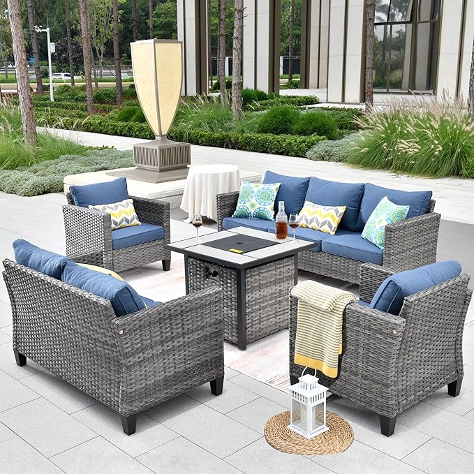 ovios 5 Pieces Patio Furniture Set, Outdoor Wicker Rattan Sofa Couch with 30" Fire Pit Table, Loveseat Chairs, Conversation Sets for Yard Porch Garden, Denim Blue