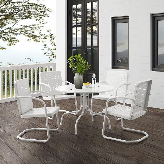 Crosley Furniture Bates 5-Piece Outdoor Dining Set for 4, Retro Metal Round Patio Table and Chairs for Deck, White Gloss