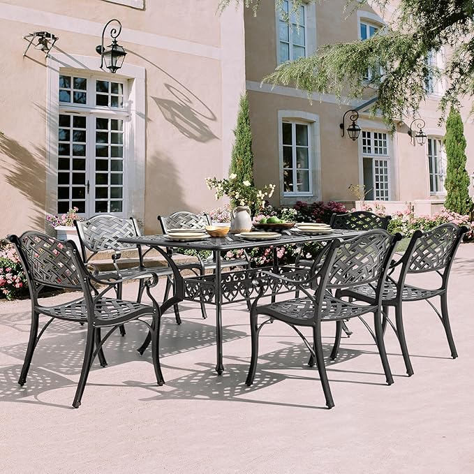 NUU GARDEN 7 Pieces Outdoor Patio Dining Sets, Cast Aluminum Rectangle Patio Table with Umbrella Hole and 6 Bistro Chairs, Armrest Dining Chairs and Bistro Table for Balcony, Backyard, Black