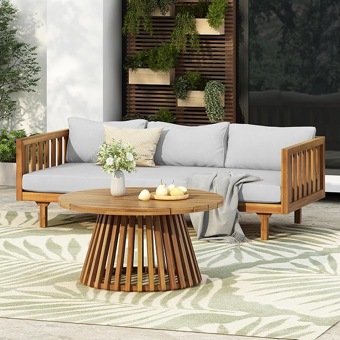 Christopher Knight Home Charm Patio Conversation Set, 3 Seater Acacia Wood Sofa, Spacious Seating Daybed, Wood Coffee Table, Round Side Table, Outdoor Furniture for Backyard Garden Rest, Light Gray