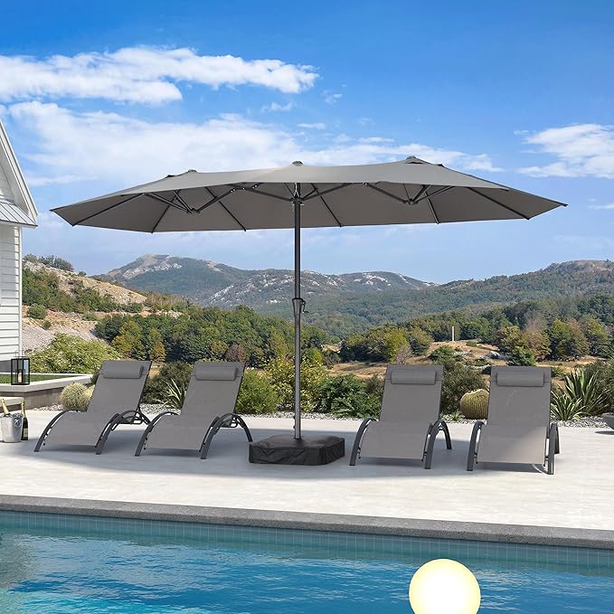 PURPLE LEAF 14ft PatioUmbrella Outdoor Double-Sided Umbrella with Base and Crank Rectangle Market Table Umbrella for Pool Deck Garden, Grey