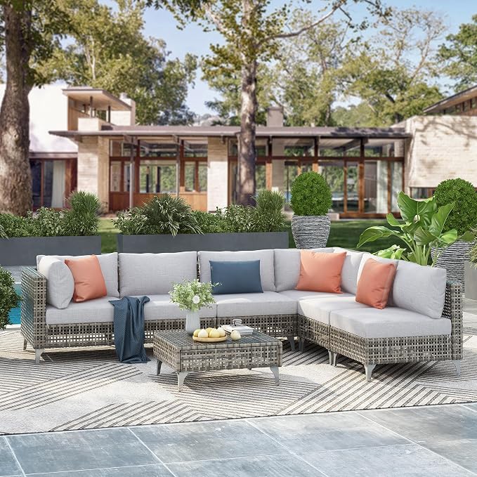 YOPTO 7-Piece Wicker Patio Furniture Set with Water Resistant Thick Cushions & Coffee Table,Outdoor Conversation Set Sectional Sofa W/Removable Cushions Cover,Free Combination,for Patio,Backyard,Gray