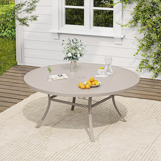 VICLLAX Outdoor Table and Chairs Set for 8, Patio Dining Set of 60" Metal Round Patio Table with Umbrella Hole & 8 Swivel Outdoor Dining Chairs for Backyard Lawn, Sandshell