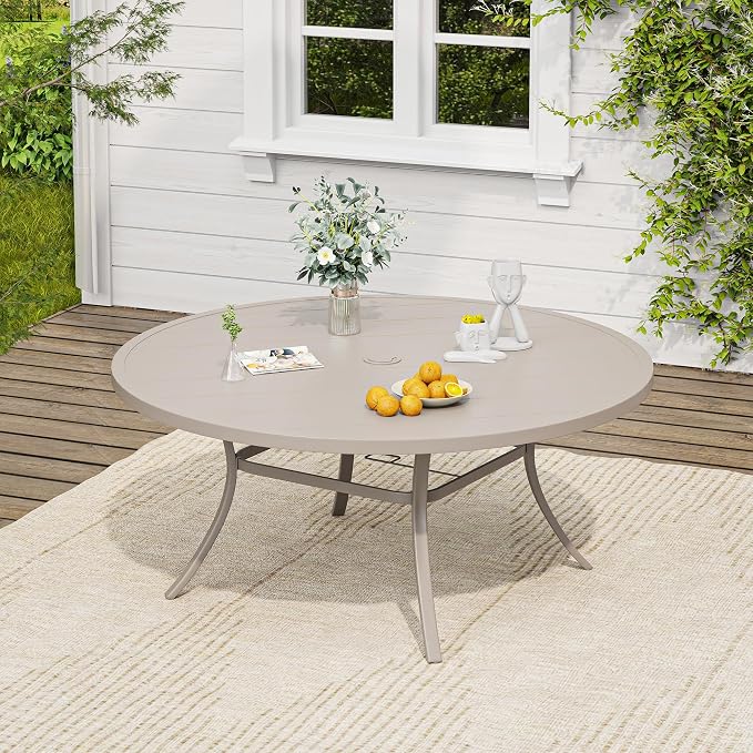 VICLLAX 63" Round Patio Table, Outdoor Dining Table for 8-10 with Umbrella Hole for Garden Lawn Deck Backyard, Sandshell