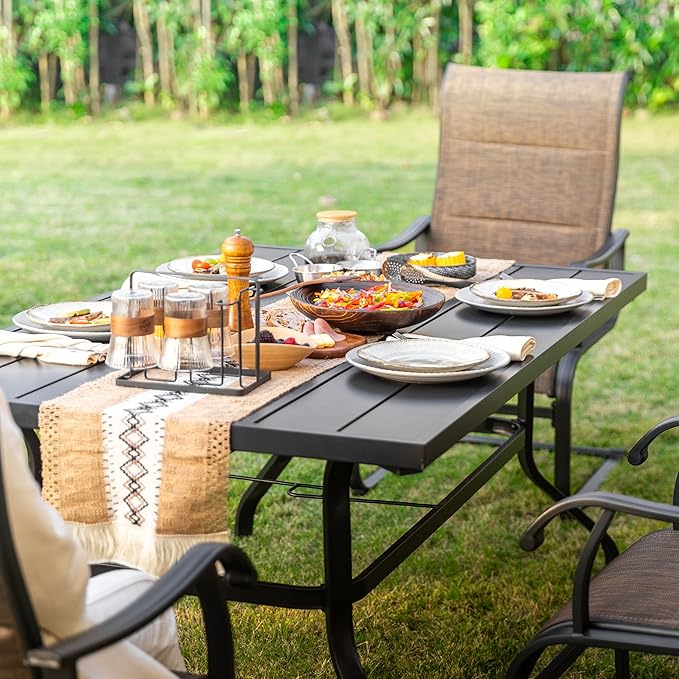 NUU GARDEN 7 Piece Outdoor Dining Set, 6 All Weather Padded Textilene Patio Chairs and 61" Rectangular Dining Table with 1.57" Umbrella Hole, for Patio, Garden, Brown and Black