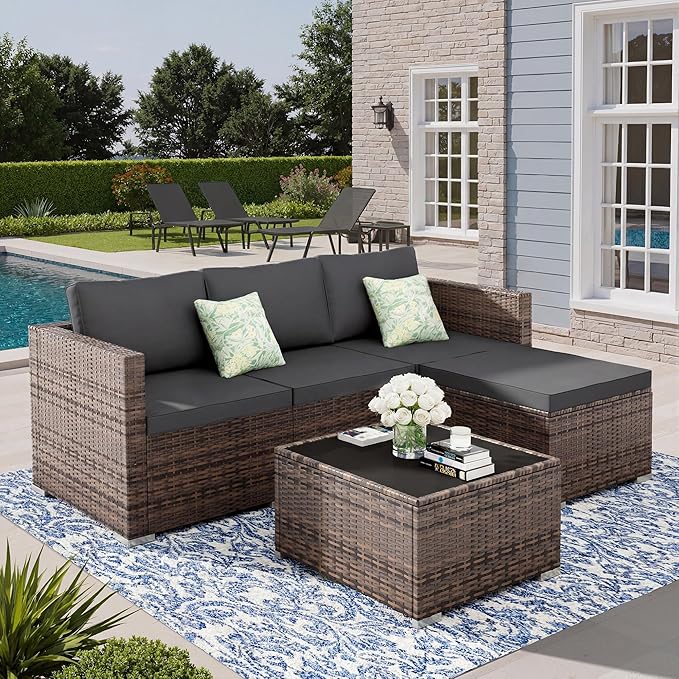 5 Piece Patio Furniture Sets, All-Weather PE Rattan Wicker Outdoor Sectional Sofa with Cushions and Glass Table for Garden Backyard Poolside