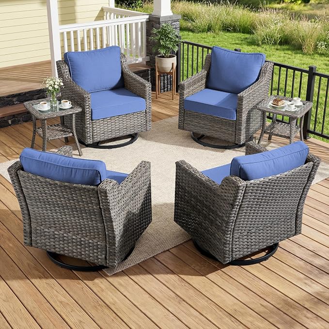 Luxury Patio Furniture Chairs Set - 6 Pieces All Weather Wicker Outdoor Couch and High Back Swivel Rocker Patio Chairs with Side Table for Deck Yard and Poolside Gray Wicker | Blue Cushions