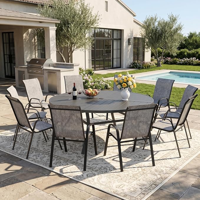 DIFY 11 Piece Outdoor Dining Set, 60" Round Metal Dining Table and Textilene Stackable Patio Chairs, Patio Table and Chairs Set for 10 with Umbrella Hole for Backyard Garden Deck, Grey
