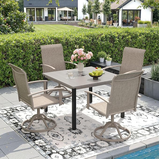 DIFY 5 Pieces Outdoor Dining Set, Metal Patio Table and Chairs Set for 4 with Umbrella Hole, 40.2" Grey Wood-Like Square Table and Sandshell Textilene Swivel Patio Chairs for Garden, Backyard, Deck