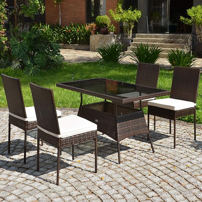 Tangkula 5 Piece Patio Wicker Dining Set, Outdoor Rattan Table and Chairs with w/Tempered Glass Table Top & Padded Cushions, Wicker Patio Conversation Furniture Set for Balcony Patio Garden Poolside