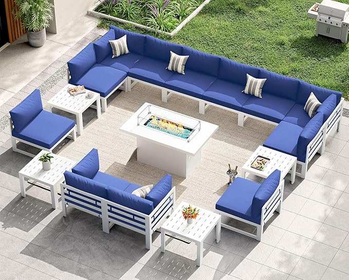 NICESOUL 17 Pcs Large Aluminum Patio Furniture Set with Fire Pit Table Propane/Gas, 500 lbs Heavy Duty Outdoor Sectional Sofa with Side Table, L Shaped Conversation Couch for Garden Lawn, Navy Blue