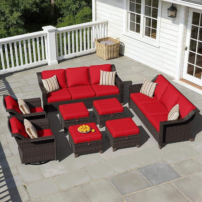 8 Pieces Patio Conversation Furniture Set - 2 Sofas, 4 Ottomans, 2 Swivel Chairs, 1 Side Table, Outdoor Wicker Furniture with Removable Cushions for Porch, Balcony, Sunroom (Red)