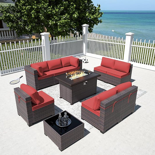 10 Pieces Outdoor Patio Furniture Set,Outdoor Sectional Furniture with 43" 55000 BTU Gas Propane Fire Pit Table,All Weather PE Rattan Wicker Patio Conversation Set,Red