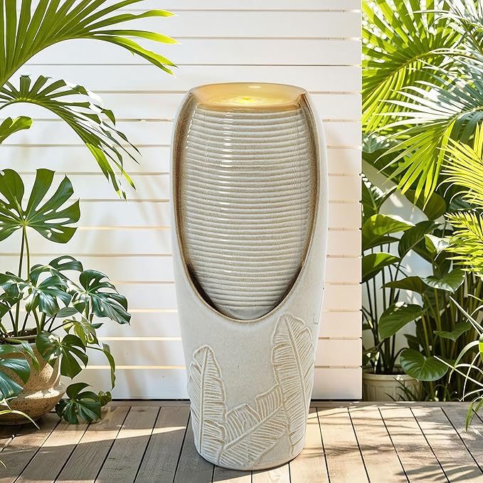 32" H Outdoor Garden Fountain with LED Lights, Modern Ceramic Jar Water Feature, Tropical Leaf Embossed Pattern, Beige Glaze, Soothing Cascading Waterfall for Patio, Yard, Porch