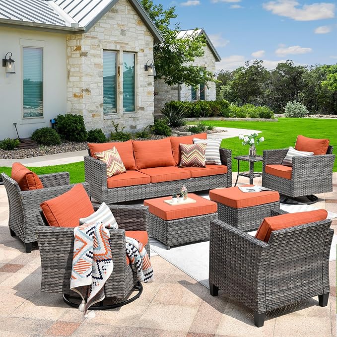 HOOOWOOO Wicker Patio Conversation Sets,8 Piece Outdoor Furniture Set with Swivel Rocking Chairs,All Weather Resistant Modern Outside Out Door Rattan Couch Chairs Side Table Set,Orange Red