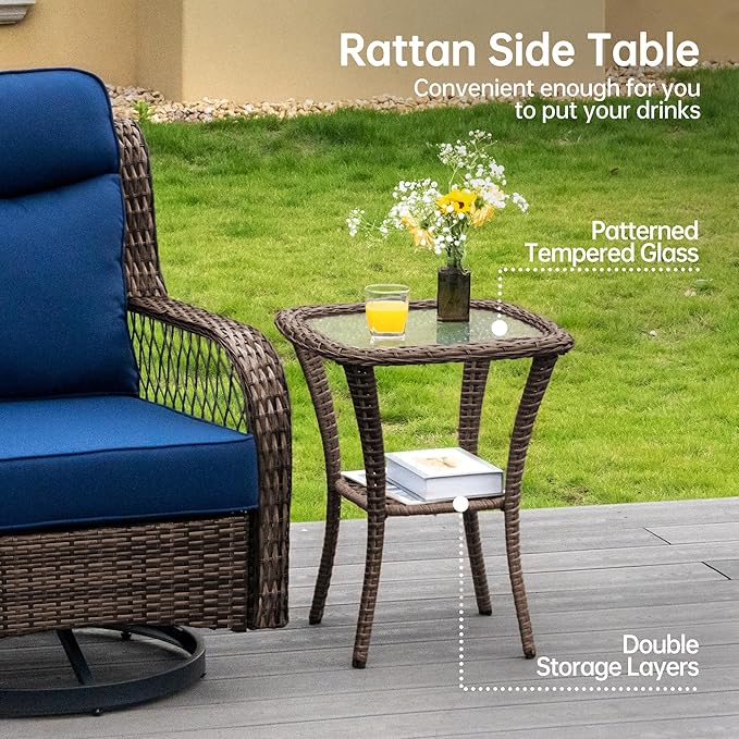 PIZZELLO Outdoor Swivel Chairs 3 Piece Wicker Rocking Chairs Set Patio Furniture Set with Rattan Side Table Rocker Bistro Sets for Outside Porch Backyard (5" Thick Cushions and 25" Full Support Back)