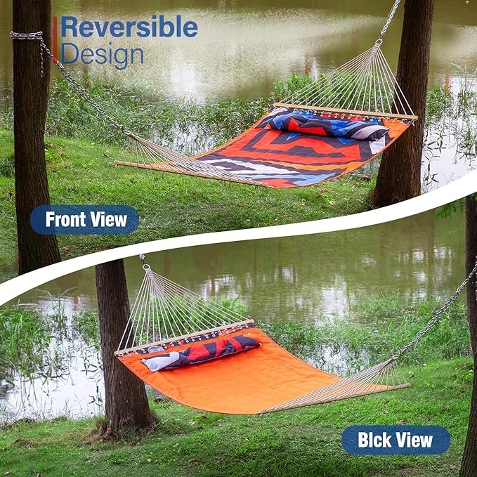 Backyard Expressions Reversible Quilted Hammock - Single or Double Hammock for Outdoor Relaxation with Matching Pillow, Zig Zag