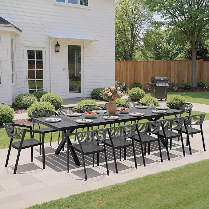 Pellebant Aluminum 13-Piece Outdoor Dining Table Set for 8-12 Person | Patio Stackable Chair with U-Shaped Wicker Backrest, 118" Table with Wood-Grain Top & Umbrella Hole, Aluminum Frame Furniture