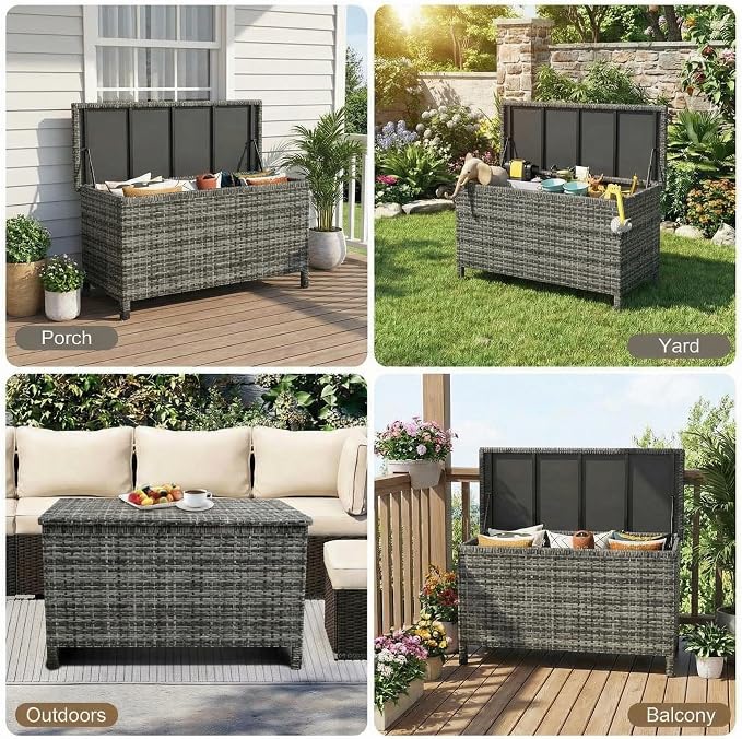 185 Gallon Wicker Deck Box, All-Weather Outdoor Storage Bin with Rattan Finish, for Patio Furniture, Cushions, Pool Supplies & Garden Tools (Gray)