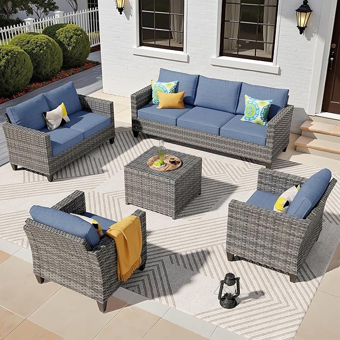 ovios 5 Pieces Patio Furniture Set, Outdoor Wicker Rattan Sofa Couch with Loveseat, Chairs, Glass Coffee Table, Conversation Sets for Yard Porch Garden, Denim Blue