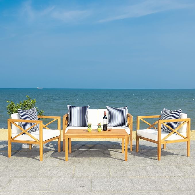 Safavieh Outdoor Nunzio Natural and Beige 4-Piece Patio Set (Pillows Included)
