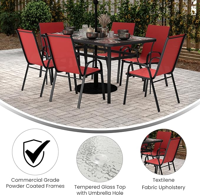 Flash Furniture Brazos Commercial Outdoor Dining Set, 60" Tempered Glass Patio Table with Umbrella Hole, 6 Stack Chairs with Flex Comfort Seats and Backs, Red/Black