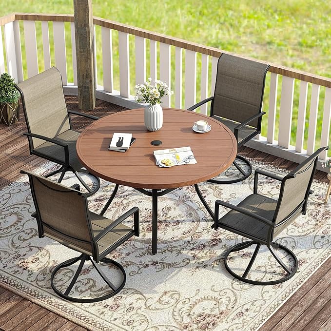 VICLLAX Patio Dining Set for 4, 5 Pieces Outdoor Furniture Set- 40.7" Round Outdoor Table and Swivel Padded Chairs, Walnut Tabletop and Mixed Brown Fabric