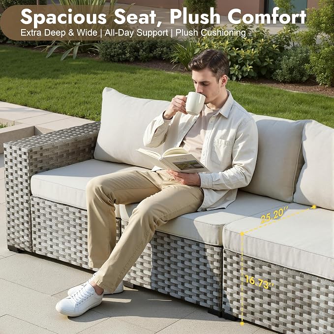 12 Pieces Patio Furniture Set, Wicker Outdoor Sectional Sofa with Coffee Table Comfy Cushions, Modern Modular Deep Seat Rattan Couch Conversation Set for Backyard Porch Yard,Beige