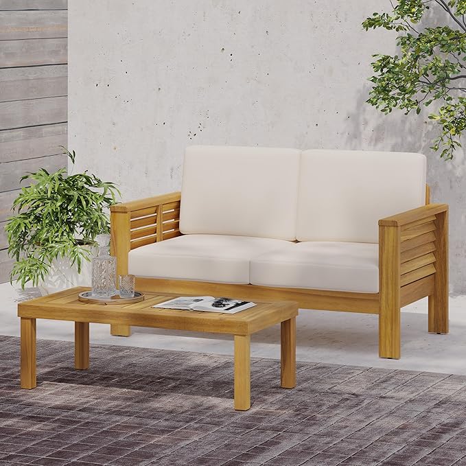 Merax Outdoor Acacia Wood Loveseat and Coffee Table Patio Conversation Set with Cushions for Backyard
